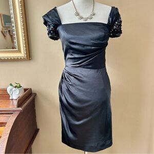 Badgley Mischka Black Satin Cocktail Dress Crystal Rhinestone Cap Sleeve Size 4
